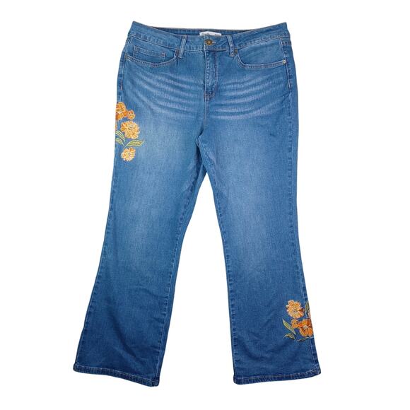 Royalty For Me Jeans Women Size 16 Blue Mid-Rise Slim Bootcut Embroidered Floral - Picture 1 of 11